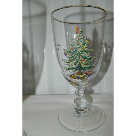 Spode Christmas Tree Goblet Set Of 3 Gold Rim 7" Footed Vintage Holiday Glasses - Picture 3 of 14